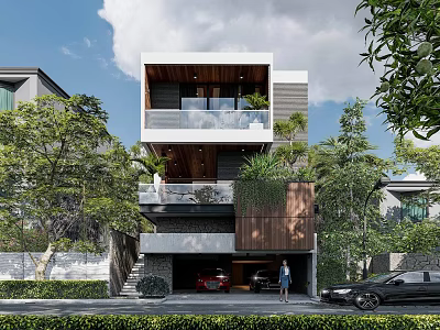 Modern Detached Villa With Wooden Accents Glass Windows Balcony Garage Surrounded by Lush Greenery 3d model