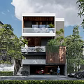 Modern Detached Villa With Wooden Accents Glass Windows Balcony Garage Surrounded by Lush Greenery