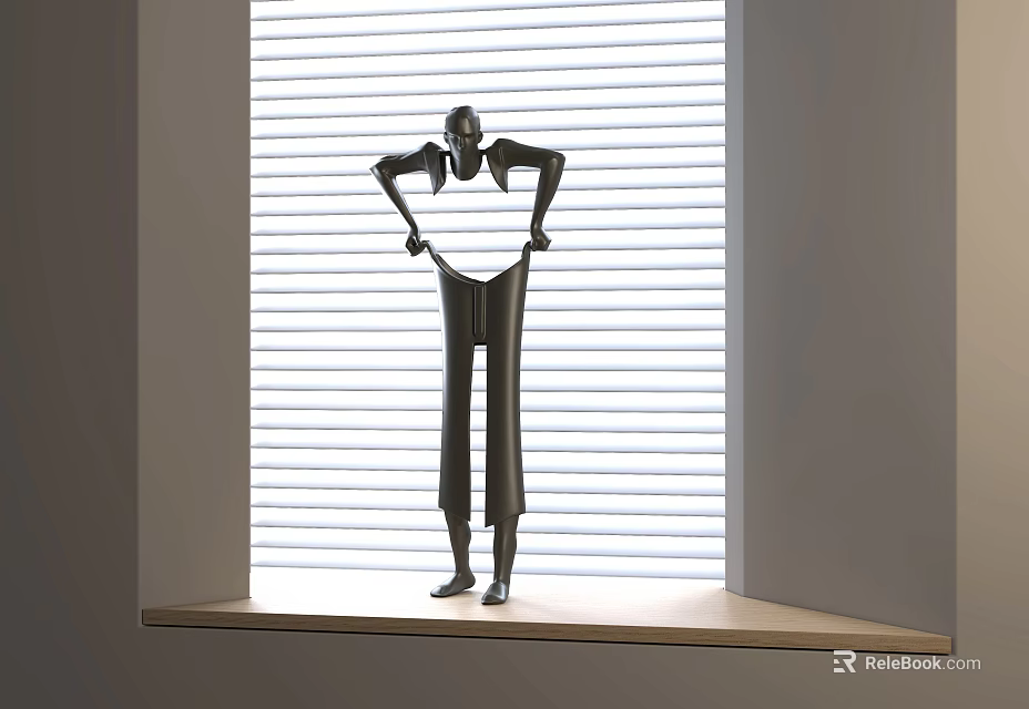 Black Human Shaped Sculpture Standing On Window Sill With Blinds Background And Light Stripes 3d model 