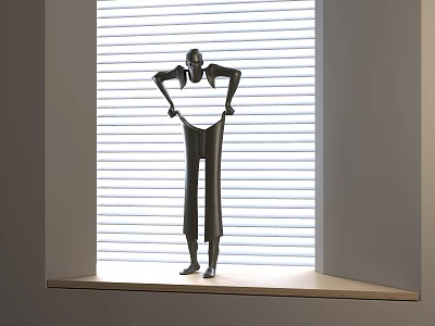 Black Human Shaped Sculpture Standing On Window Sill With Blinds Background And Light Stripes 3d model