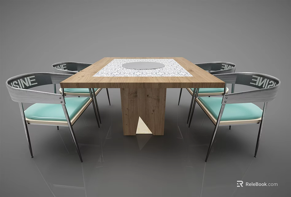 Wooden Dining Table Set with White Inlay Top and Metal Frame Light Blue Cushioned Chairs 3d model 