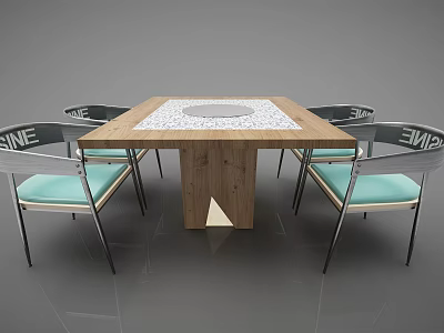 Wooden Dining Table Set with White Inlay Top and Metal Frame Light Blue Cushioned Chairs 3d model