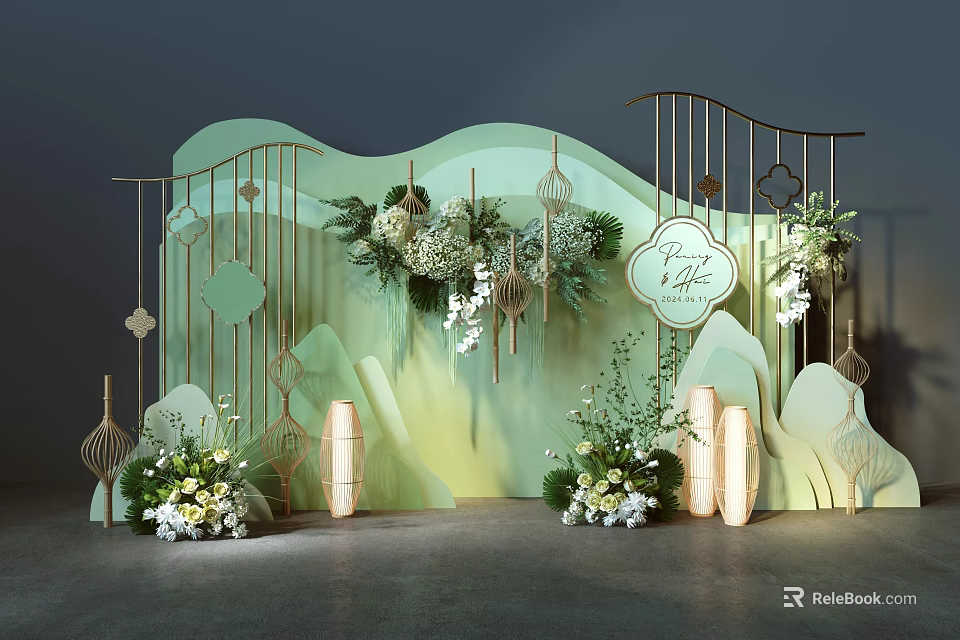 Floral Decoration with Green Background Wavy Decorations Lanterns Fan Shaped Ornaments and Sweet Time Sign 3d model 