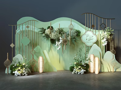 Floral Decoration with Green Background Wavy Decorations Lanterns Fan Shaped Ornaments and Sweet Time Sign 3d model
