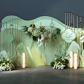 Floral Decoration with Green Background Wavy Decorations Lanterns Fan Shaped Ornaments and Sweet Time Sign