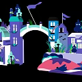 Pink Winged Airship Flying Over Colorful Fairy Tale Scene With Trees Rainbow Cottage And Clouds