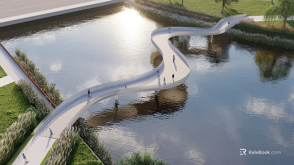 Winding Modern Pedestrian Bridge Over Water With Sunlight And Green Surroundings 3d model 