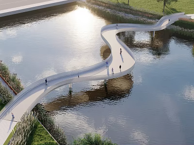 Winding Modern Pedestrian Bridge Over Water With Sunlight And Green Surroundings 3d model
