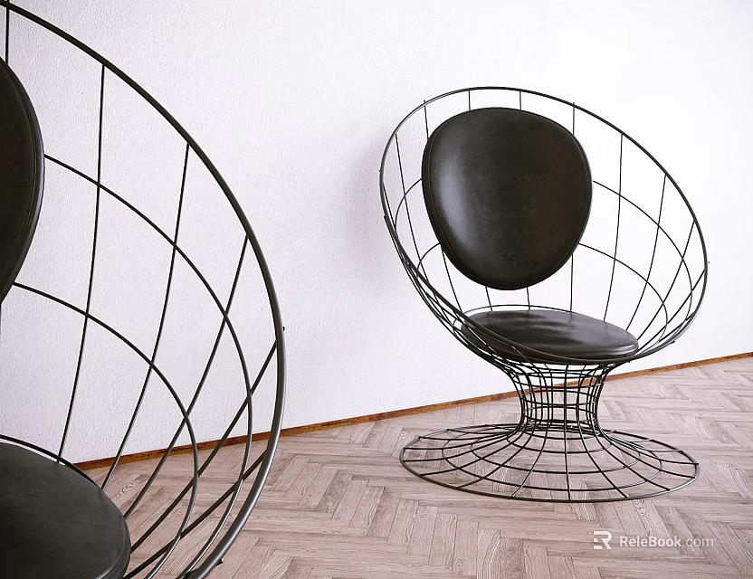 Modern Black Wireframe Accent Chair With Rounded Seat Metal Frame On Wooden Floor 3d model 