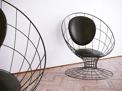 Modern Black Wireframe Accent Chair With Rounded Seat Metal Frame On Wooden Floor 3d model