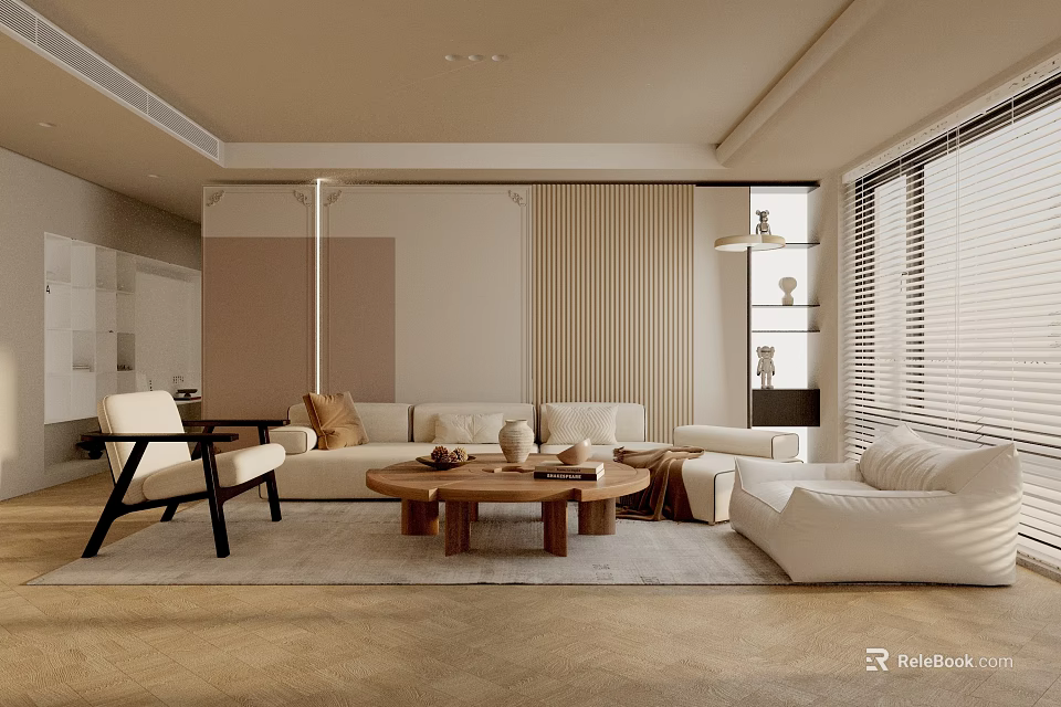 Modern Living Room Interior Design With Beige Sofa Wooden Coffee Table White Armchair And Rug 3d model 