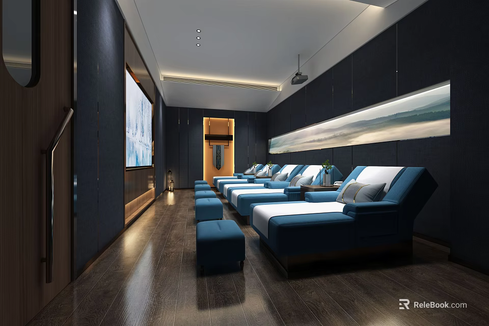 Modern SPA Sauna Interior With Comfortable Loungers And Wall Art Design 3d model 