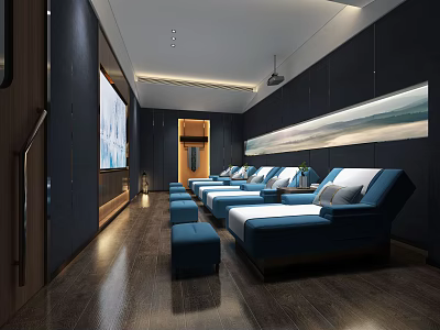 Modern SPA Sauna Interior With Comfortable Loungers And Wall Art Design 3d model