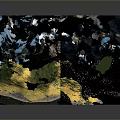 Mountain Landscape With Blue Peaks Yellow Valleys Green Vegetation And Dark Terrain
