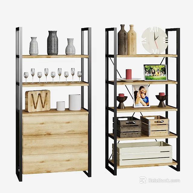 Wooden And Metal Storage Shelves With Decorative Vases Wine Glasses Photo Frames And Storage Boxes 3d model 