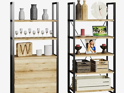 Wooden And Metal Storage Shelves With Decorative Vases Wine Glasses Photo Frames And Storage Boxes 3d model