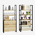 Wooden And Metal Storage Shelves With Decorative Vases Wine Glasses Photo Frames And Storage Boxes