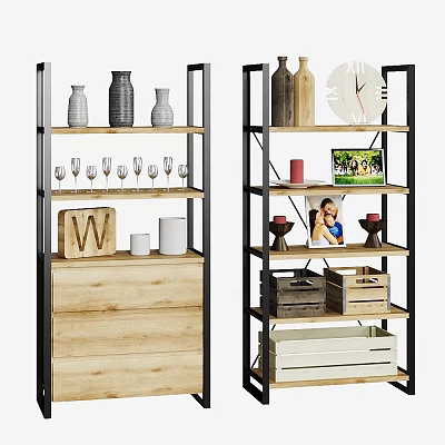 Wooden And Metal Storage Shelves With Decorative Vases Wine Glasses Photo Frames And Storage Boxes 3d model