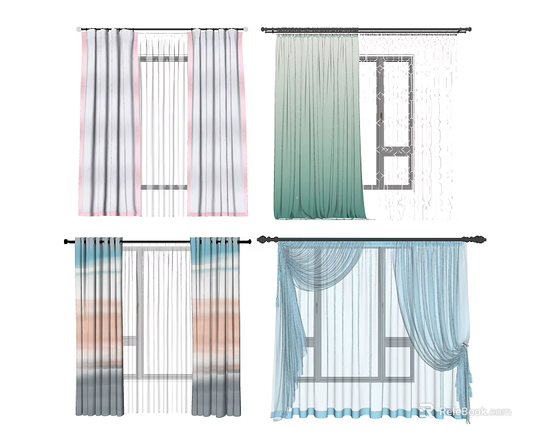 Different Stylish Curtains Designs With Striped Gradient And Ruffled Flowy Window Decor 3d model 