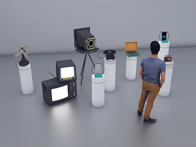 White Cylindrical Showcase Shelves Displaying Various Vintage Appliances For Man Viewing 3d model