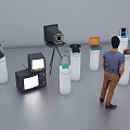 White Cylindrical Showcase Shelves Displaying Various Vintage Appliances For Man Viewing