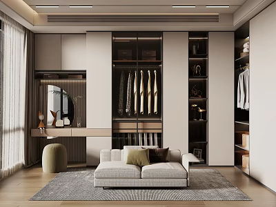 Modern Walk-in Closet With Glass-front Cabinets Hanging Clothes And Sofa Mirror Rug 3d model