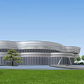 Modern Sleek Building With Wavy Roof Design Glass Curtain Walls And Surrounding Trees Lawn