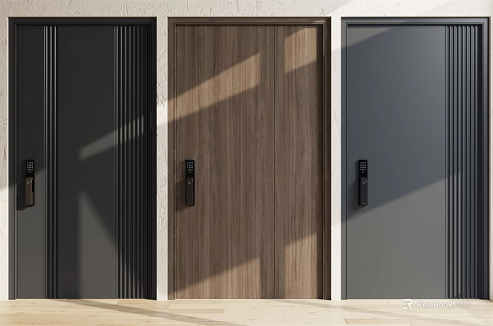 Modern Security Doors With Wooden Texture Black And Gray Color Finishes 3d model 