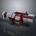 Futuristic Mechanical Weapon 3D Model with Gray Red Color and Barrel Grip