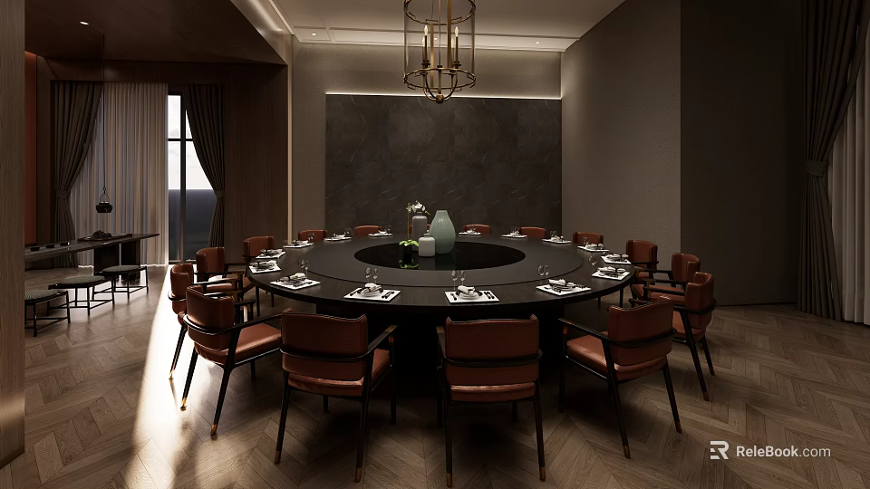 Elegant Private Dining Room With Round Table Brown Leather Chairs And Modern Chandelier 3d model 