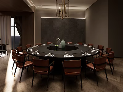 Elegant Private Dining Room With Round Table Brown Leather Chairs And Modern Chandelier 3d model