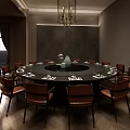 Elegant Private Dining Room With Round Table Brown Leather Chairs And Modern Chandelier