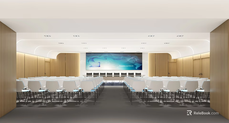 Spacious Modern Conference Room With Large Screen Wooden Walls And Neatly Arranged White Chairs 3d model 