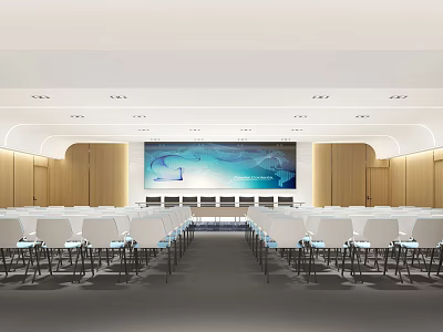 Spacious Modern Conference Room With Large Screen Wooden Walls And Neatly Arranged White Chairs 3d model