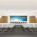 Spacious Modern Conference Room With Large Screen Wooden Walls And Neatly Arranged White Chairs