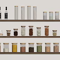 Organized Kitchen Wooden Shelves With Various Spice Jars And Seasonings