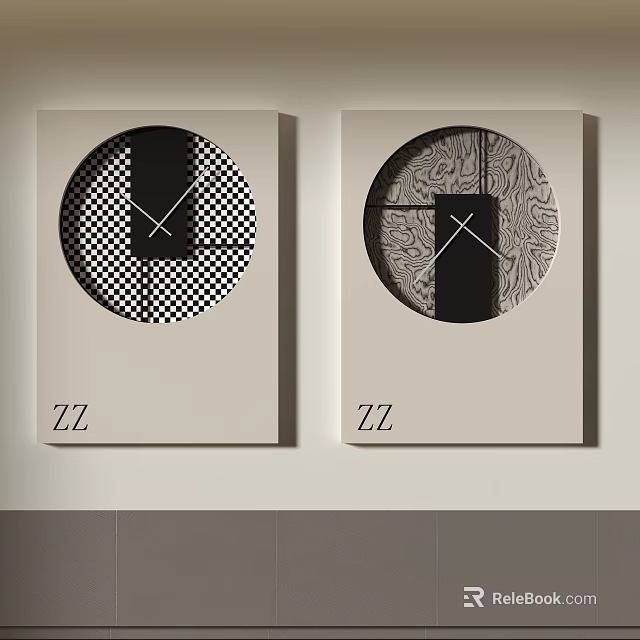 Stylish Decorative Wall Clocks Featuring Black White Checkered Marble Texture Patterns And ZZ Lettering Design 3d model 