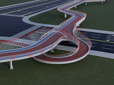 Modern Curved Landscape Bridge With Red Blue Railings Connecting Roads And Green Lawn 3d model