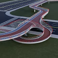 Modern Curved Landscape Bridge With Red Blue Railings Connecting Roads And Green Lawn