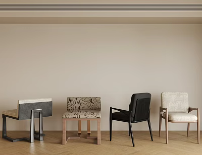 Four Stylish Dining Chairs In Various Designs With Wooden Metal Frames And Patterned Seats 3d model