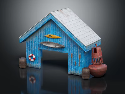 Blue Wooden Residential Building With Gray Roof Arched Door Lifebuoy Small Boat And Red Buoy 3d model