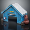 Blue Wooden Residential Building With Gray Roof Arched Door Lifebuoy Small Boat And Red Buoy