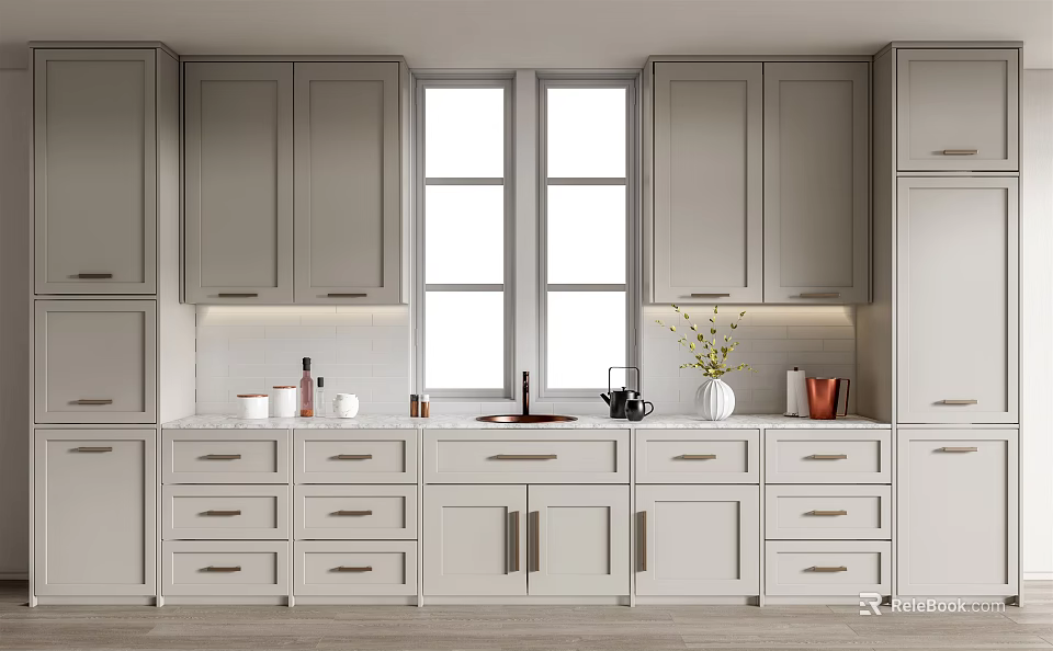 Modern Gray Kitchen Interior With Stylish Cabinets Countertop Drawers And Windows 3d model 