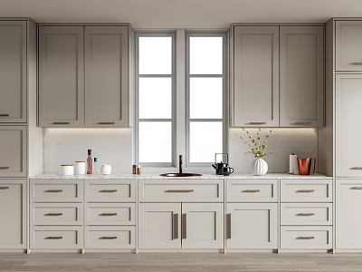Modern Gray Kitchen Interior With Stylish Cabinets Countertop Drawers And Windows 3d model