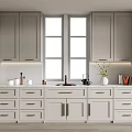 Modern Gray Kitchen Interior With Stylish Cabinets Countertop Drawers And Windows
