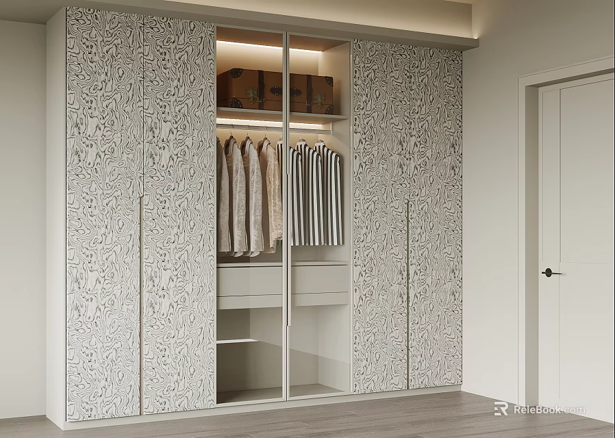 Elegant Modern Wardrobe With Patterned Sliding Doors Internal Storage And Hanging Space 3d model 