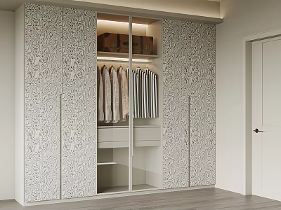 Elegant Modern Wardrobe With Patterned Sliding Doors Internal Storage And Hanging Space 3d model