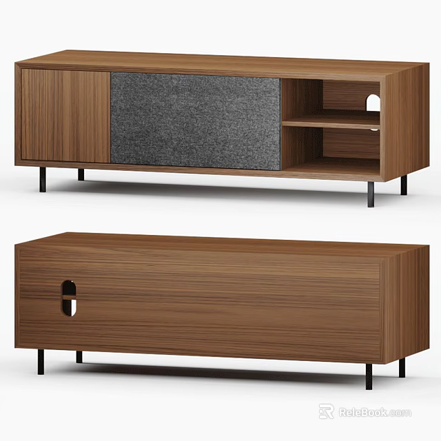 Modern Wooden TV Stand With Brown Finish Open Shelves And Gray Panel Design 3d model 