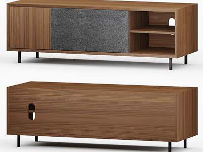 Modern Wooden TV Stand With Brown Finish Open Shelves And Gray Panel Design 3d model