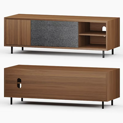Modern Wooden TV Stand With Brown Finish Open Shelves And Gray Panel Design 3d model